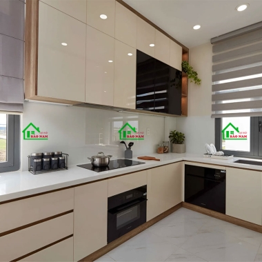 MẪU TỦ BẾP ACRYLIC CHỮ G MÀU KEM HIỆN ĐẠI ĐẸP TBA64
