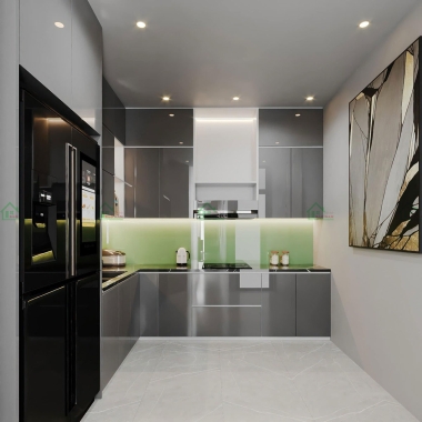 MẪU TỦ BẾP CHỮ L ACRYLIC BÓNG GƯƠNG MÀU XÁM ĐẸP HIỆN ĐẠI TBA59