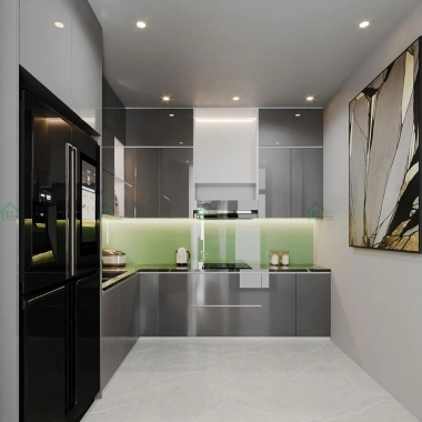 MẪU TỦ BẾP CHỮ L ACRYLIC BÓNG GƯƠNG MÀU XÁM ĐẸP HIỆN ĐẠI TBA59​​​​​​​