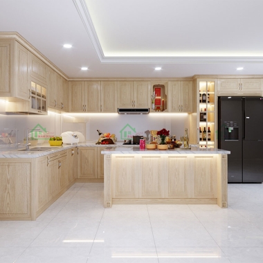 MẪU TỦ BẾP CHỮ L KẾT HỢP BÀN ĐẢO GỖ TỰ NHIÊN SANG TRỌNG BTN10