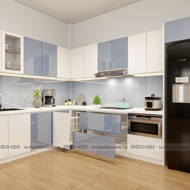 MẪU TỦ BẾP GỖ CÔNG NGHIỆP MDF PHỦ ACRYLIC BÓNG GƯƠNG HIỆN ĐẠI ĐẸP TBA54