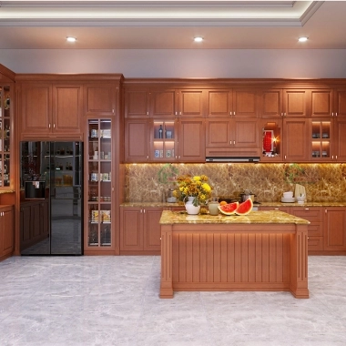 MẪU TỦ BẾP GỖ KẾT HỢP QUẦY BAR CAO CẤP THIẾT KẾ SANG TRỌNG BTN05​​​​​​​