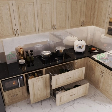MẪU TỦ BẾP GỖ SỒI CHỮ L ĐẸP BTN08​​​​​​​