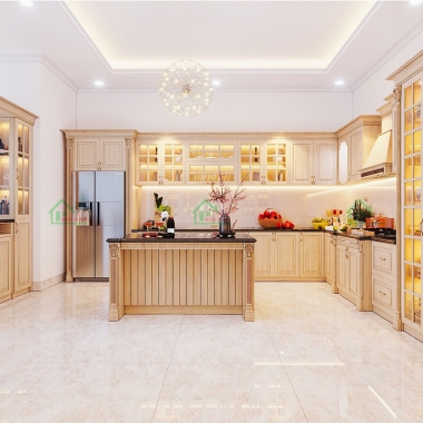 MẪU TỦ BẾP GỖ TỰ NHIÊN CAO CẤP CHO BIỆT THỰ SANG TRỌNG BTN11