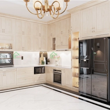 MẪU TỦ BẾP GỖ TỰ NHIÊN PHONG CÁCH TÂN CỔ ĐIỂN SANG TRỌNG BTN09​​​​​​​