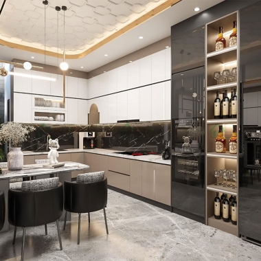 TỦ BẾP ACRYLIC BÓNG GƯƠNG AN CƯỜNG THIẾT KẾ CHỮ L HIỆN ĐẠI TBA61