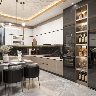TỦ BẾP ACRYLIC BÓNG GƯƠNG AN CƯỜNG THIẾT KẾ CHỮ L HIỆN ĐẠI TBA61​​​​​​​