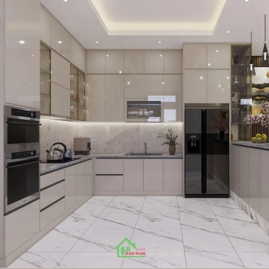 TỦ BẾP ACRYLIC BÓNG GƯƠNG MÀU KEM TBA09​​​​​​​