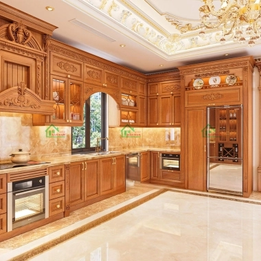 TỦ BẾP GỖ TỰ NHIÊN GÕ ĐỎ CỔ ĐIỂN CAO CẤP BTN02​​​​​​​