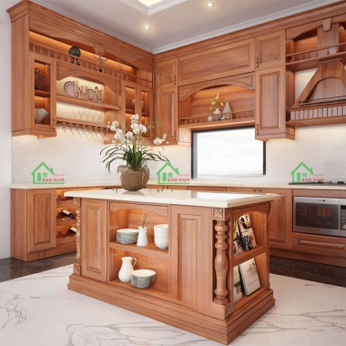 TỦ BẾP GỖ TỰ NHIÊN GÕ ĐỎ CỔ ĐIỂN SANG TRỌNG BTN03