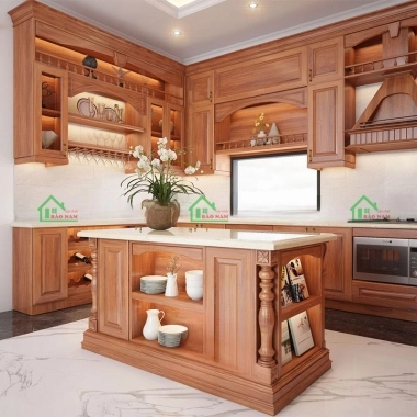 TỦ BẾP GỖ TỰ NHIÊN GÕ ĐỎ CỔ ĐIỂN SANG TRỌNG BTN03​​​​​​​