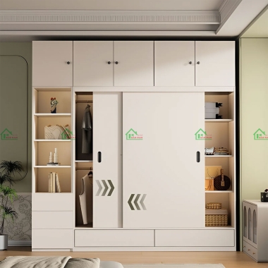 TỦ QUẦN ÁO GỖ MDF CỬA LÙA MÀU KEM ĐẸP HIỆN ĐẠI TAL03​​​​​​​