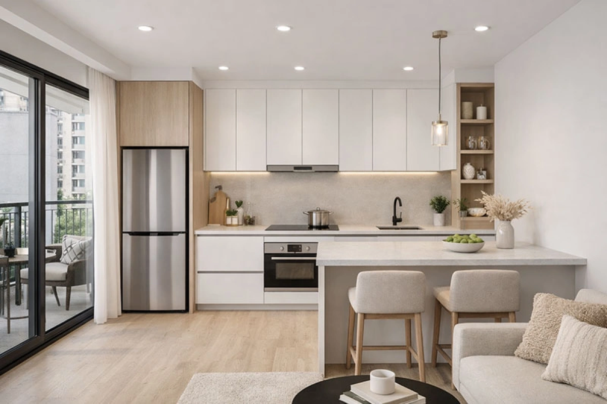 Tủ bếp gỗ chữ I giúp tối ưu không gian bếp nhỏ