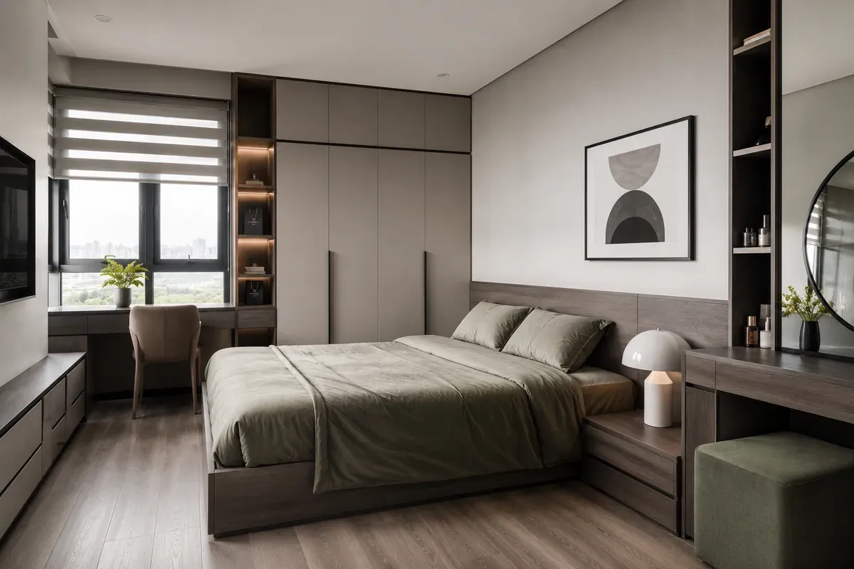 Các hạng mục nội thất phòng ngủ được thi công đồng bộ