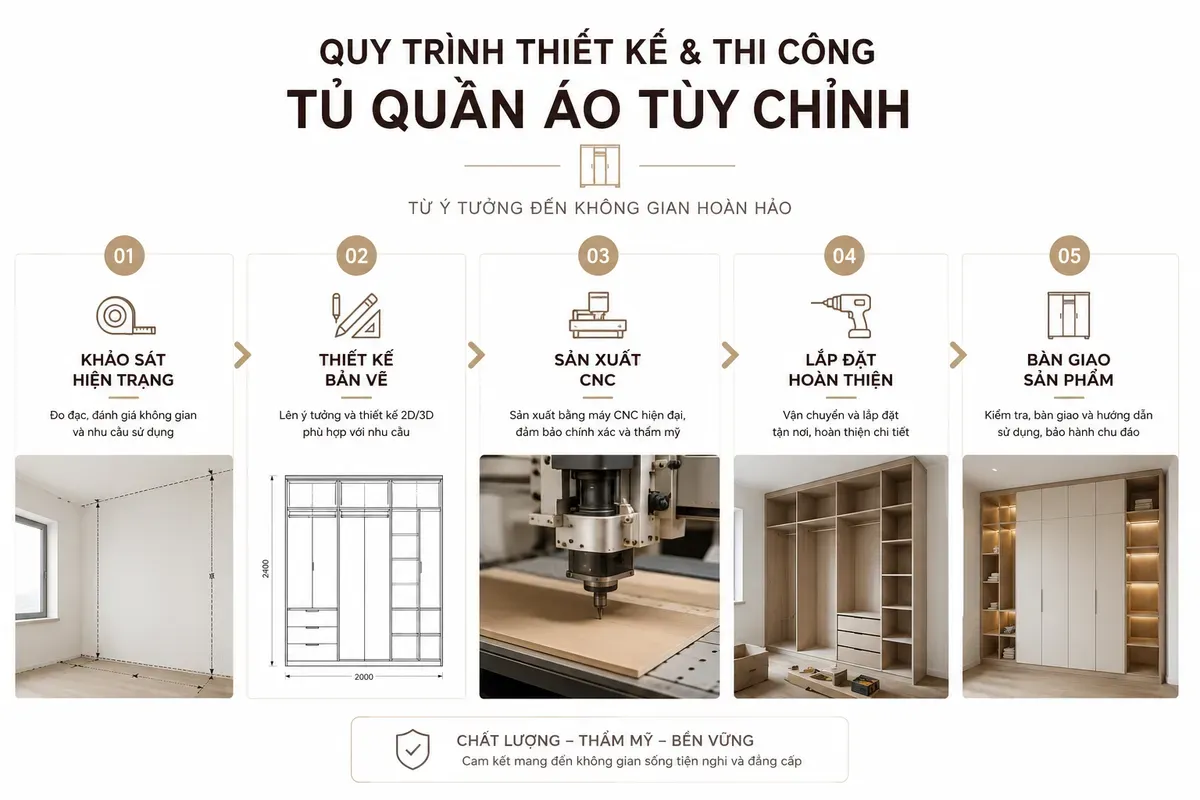 Quy trình thi công tủ quần áo từ khảo sát đến lắp đặt hoàn thiện.