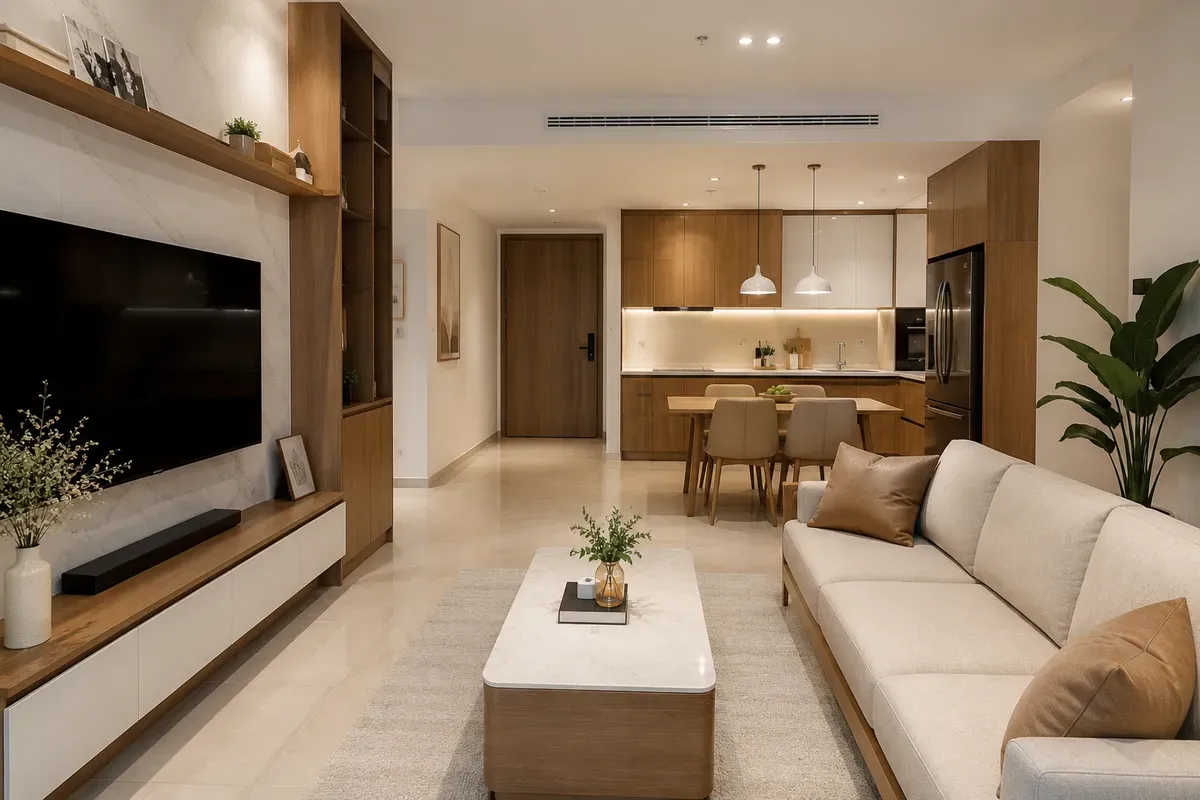 Tổng thể không gian căn hộ sau khi hoàn thiện thi công nội thất trọn gói.