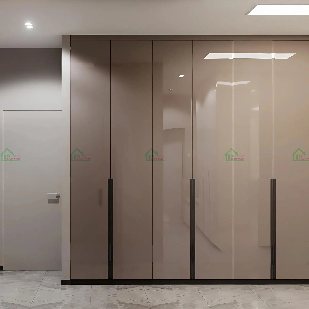 Tủ quần áo acrylic bóng gương, phản chiếu ánh sáng, mở rộng không gian.