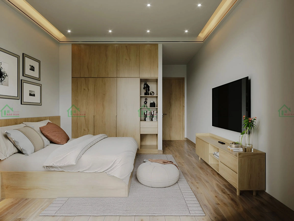Tủ áo âm tường hiện đại trong phòng ngủ tối giản.