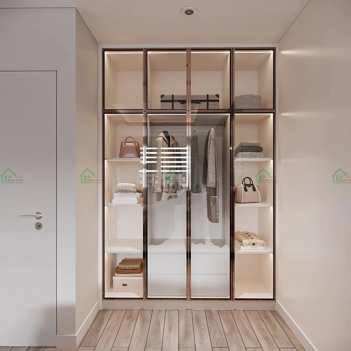 Tủ áo kính cường lực, khung nhôm cao cấp, an toàn, bền đẹp.