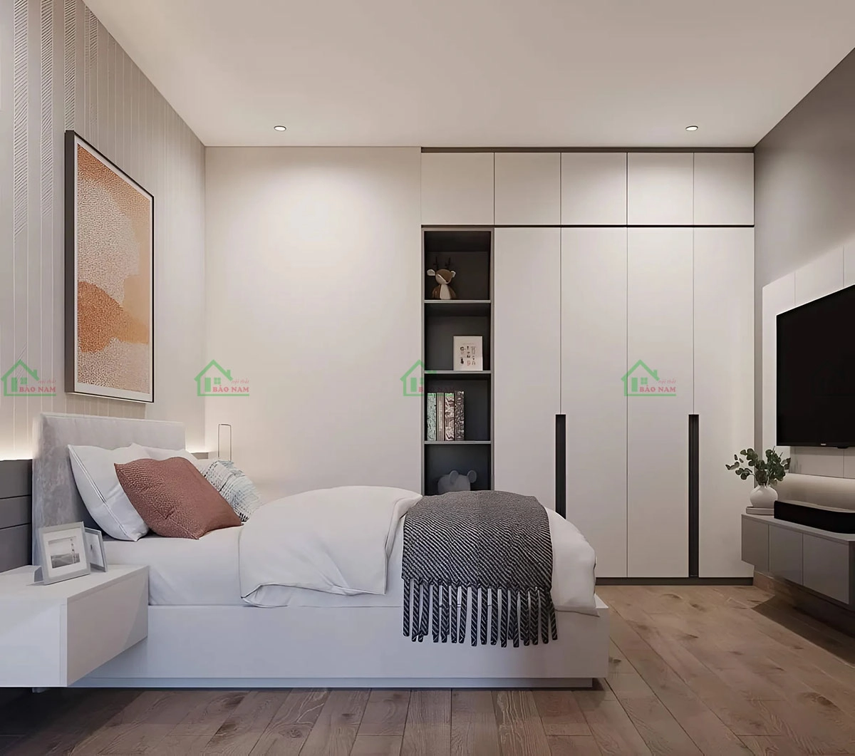 Phòng ngủ hiện đại với tủ áo âm tường