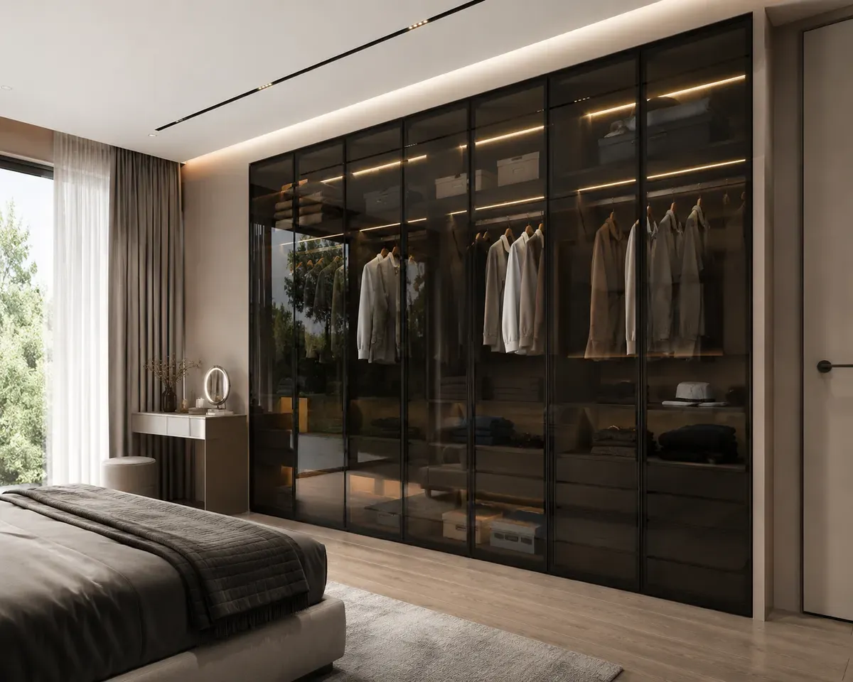 Thiết kế tủ áo cánh kính kịch trần giúp tối ưu không gian lưu trữ và tăng tính thẩm mỹ cho phòng ngủ.