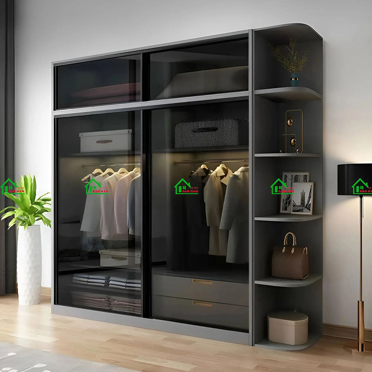 Tích hợp Đèn LED tự động và hệ thống lưu trữ thông minh cho tủ cánh kính