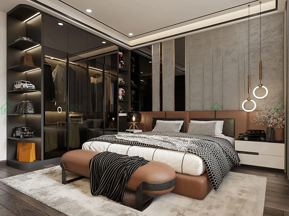 Thiết kế tủ áo cánh kính lùa màu đen tạo nên điểm nhấn tượng và đẳng cấp cho phòng ngủ