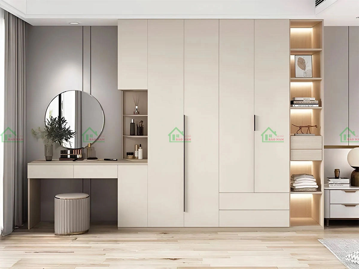 Tối ưu không gian với tủ áo gỗ kết hợp bàn trang điểm thông minh