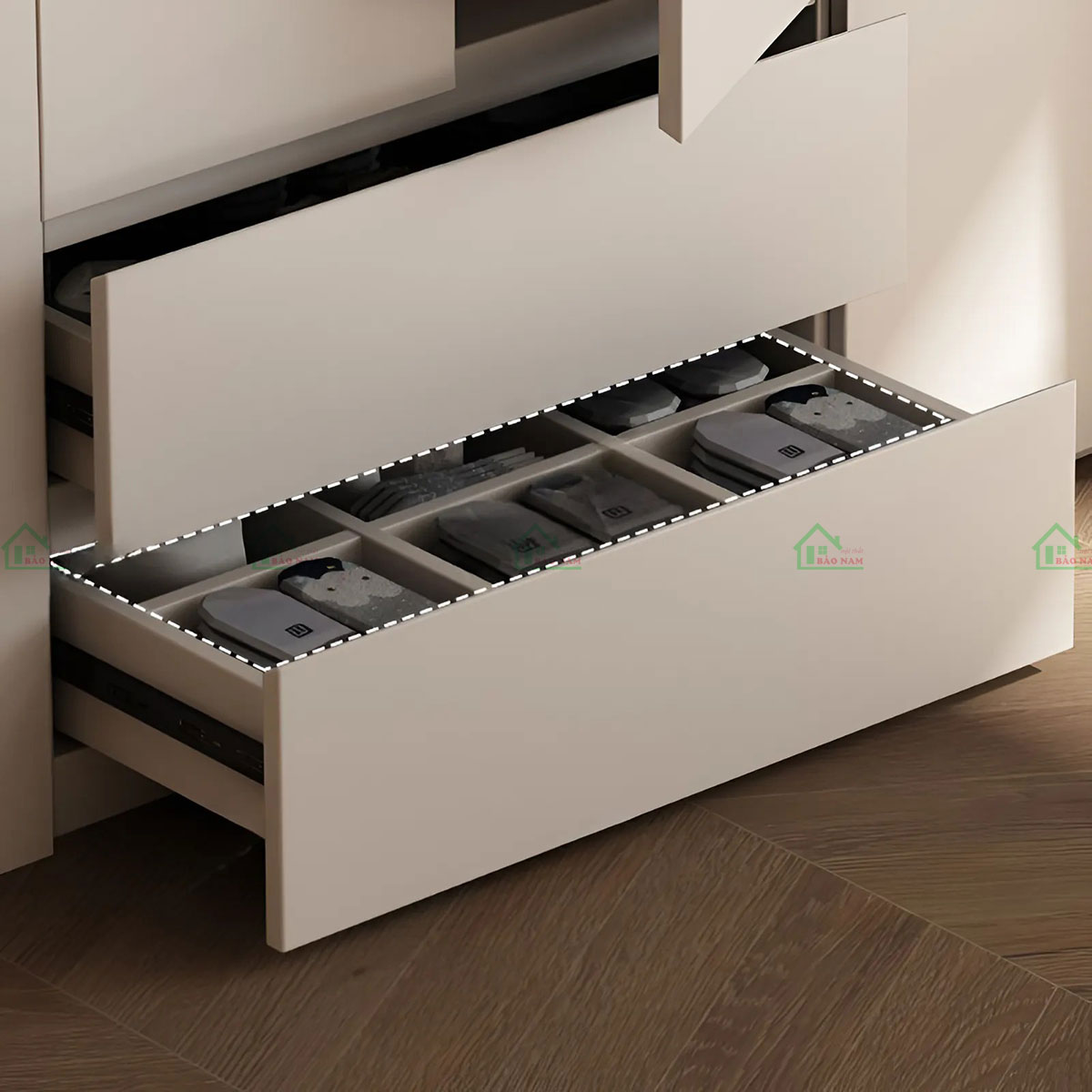 Ngăn kéo ẩn liền mạch trên tủ áo gỗ An Cường TA75