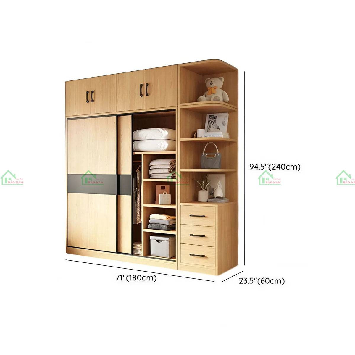 Tủ quần áo TATN38 - Kích thước 180cm x 60cm x 240cm