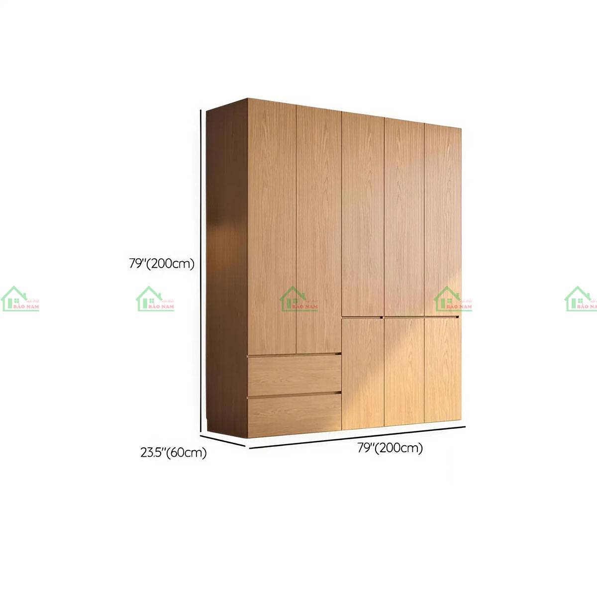 Tủ quần áo gỗ sồi 5 cánh mở - Kích thước 200cm x 60cm x 200cm với thiết kế hiện đại