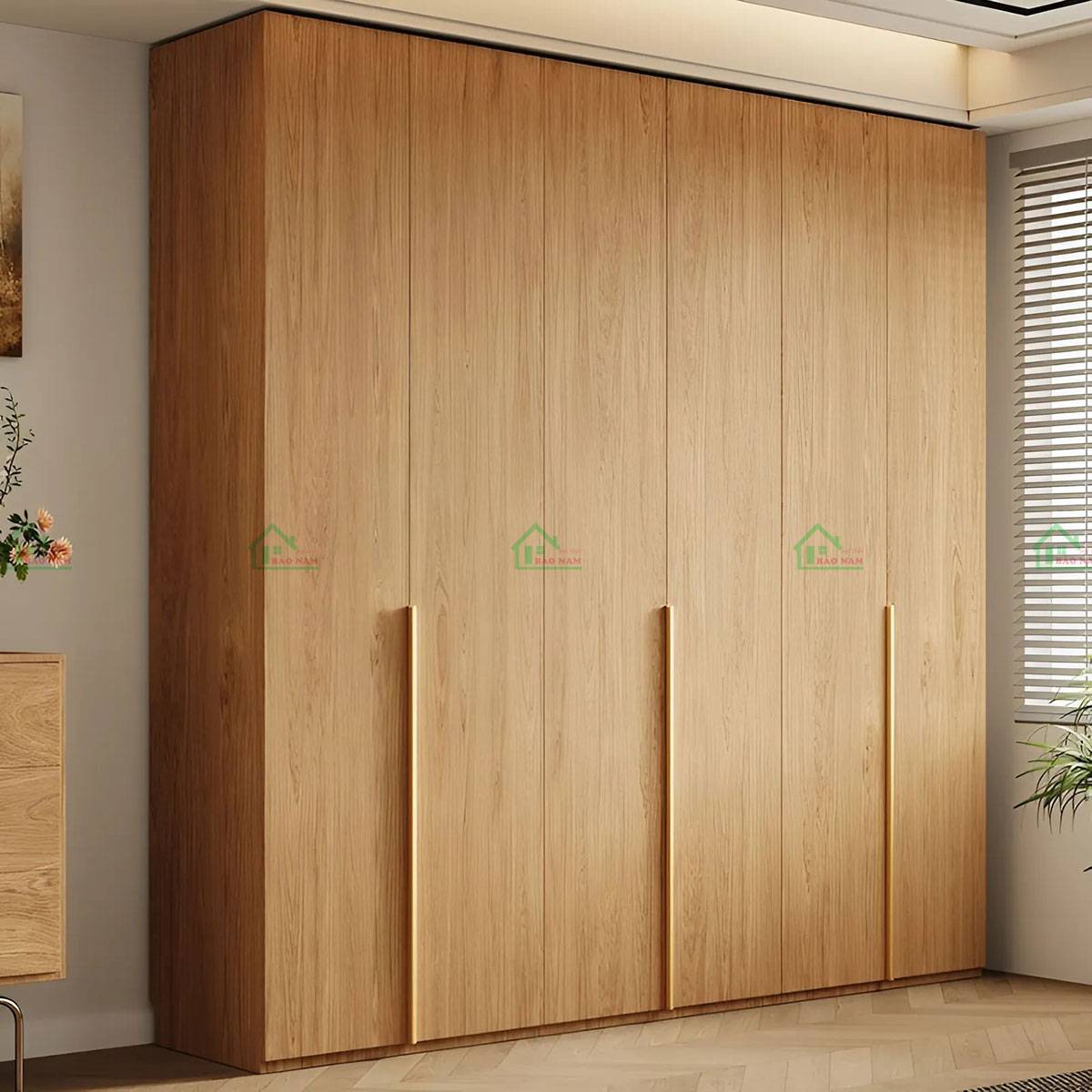 Tủ áo gỗ sồi tự nhiên màu nâu sáng tay nắm vàng thanh mảnh TATN24
