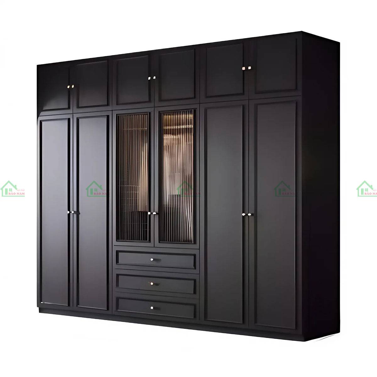 Phần cửa kính sọc dọc của tủ áo gỗ TATN12, cho phép nhìn thấy không gian bên trong
