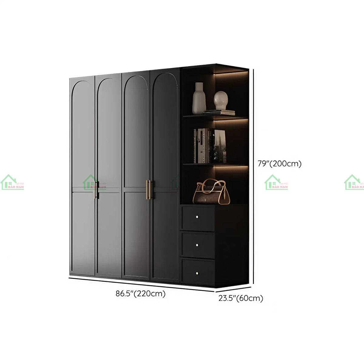Tủ quần áo phong cách Indochine màu đen 200x200 có kệ góc mở