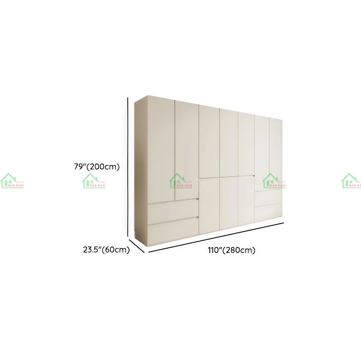 Tủ quần áo MDF Melamine hiện đại TA80 - Kích thước 280cm x 60cm x 200cm
