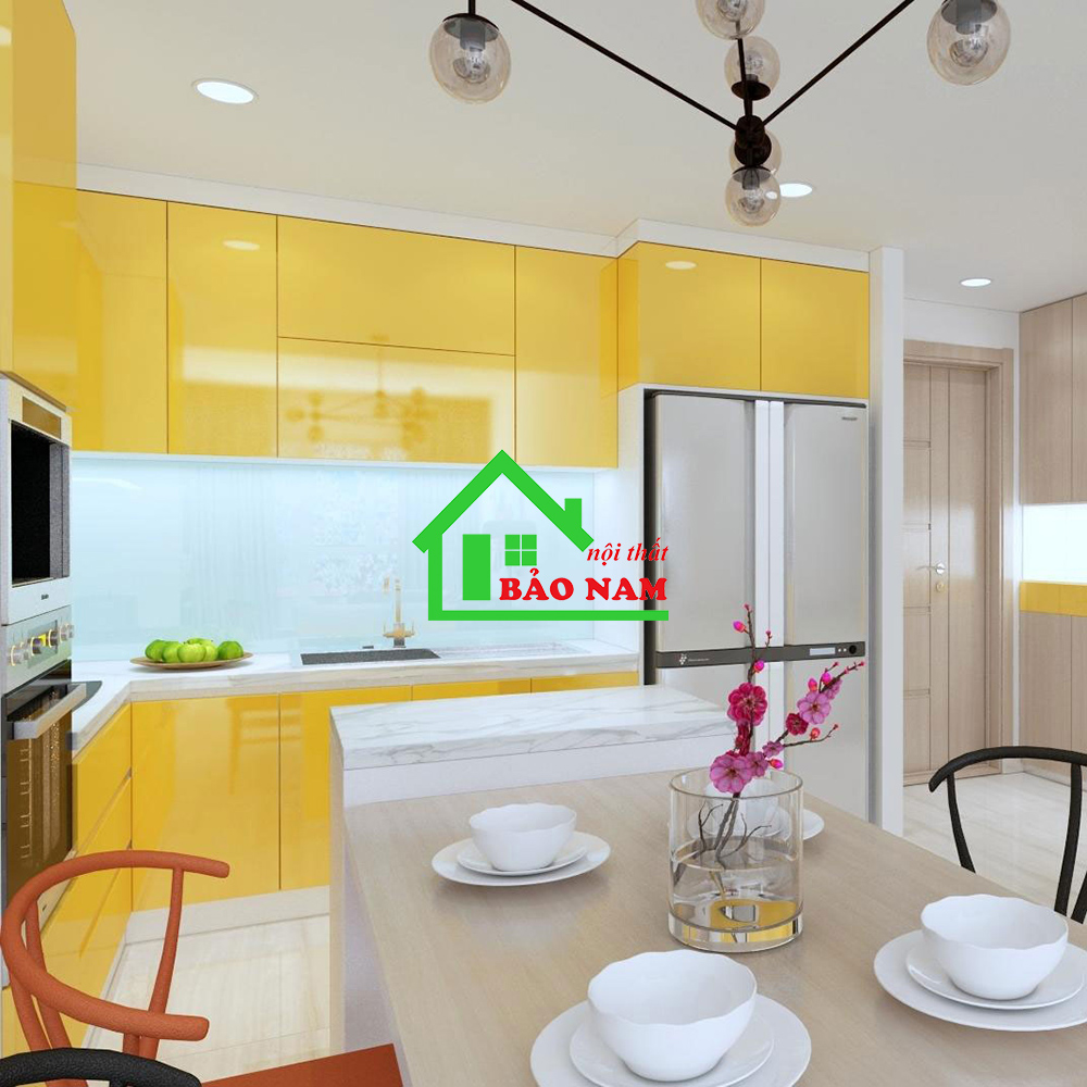 Mẫu tủ bếp acrylic bóng gương màu vàng nổi bật