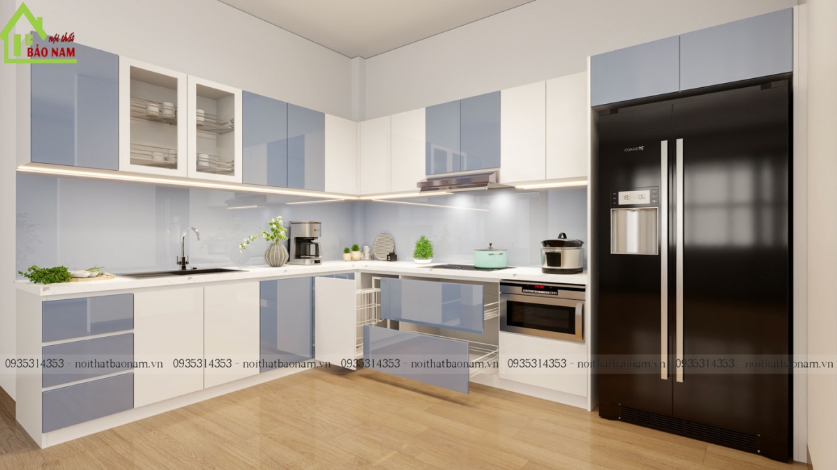 Mặt bếp sử dụng đá Granite trắng vân mây tinh tế, tăng thêm vẻ sang trọng cho phòng bếp.