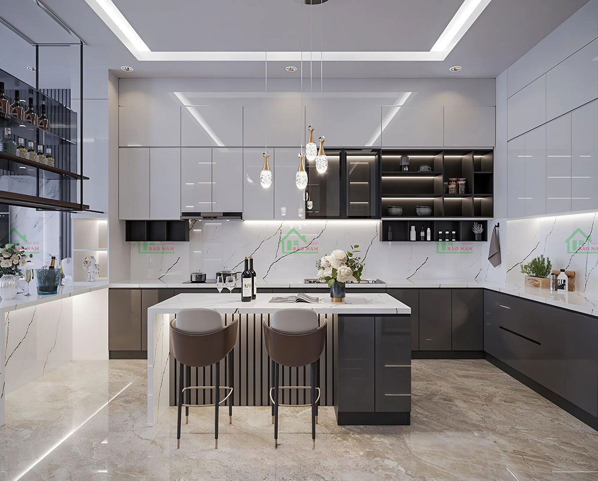 Tủ bếp TBA72 cao kịch trần với cánh acrylic bóng gương.