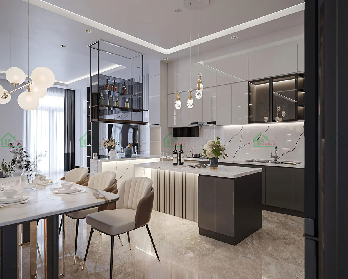Bàn đảo acrylic màu xám đậm với vách lam trong tủ bếp TBA72.