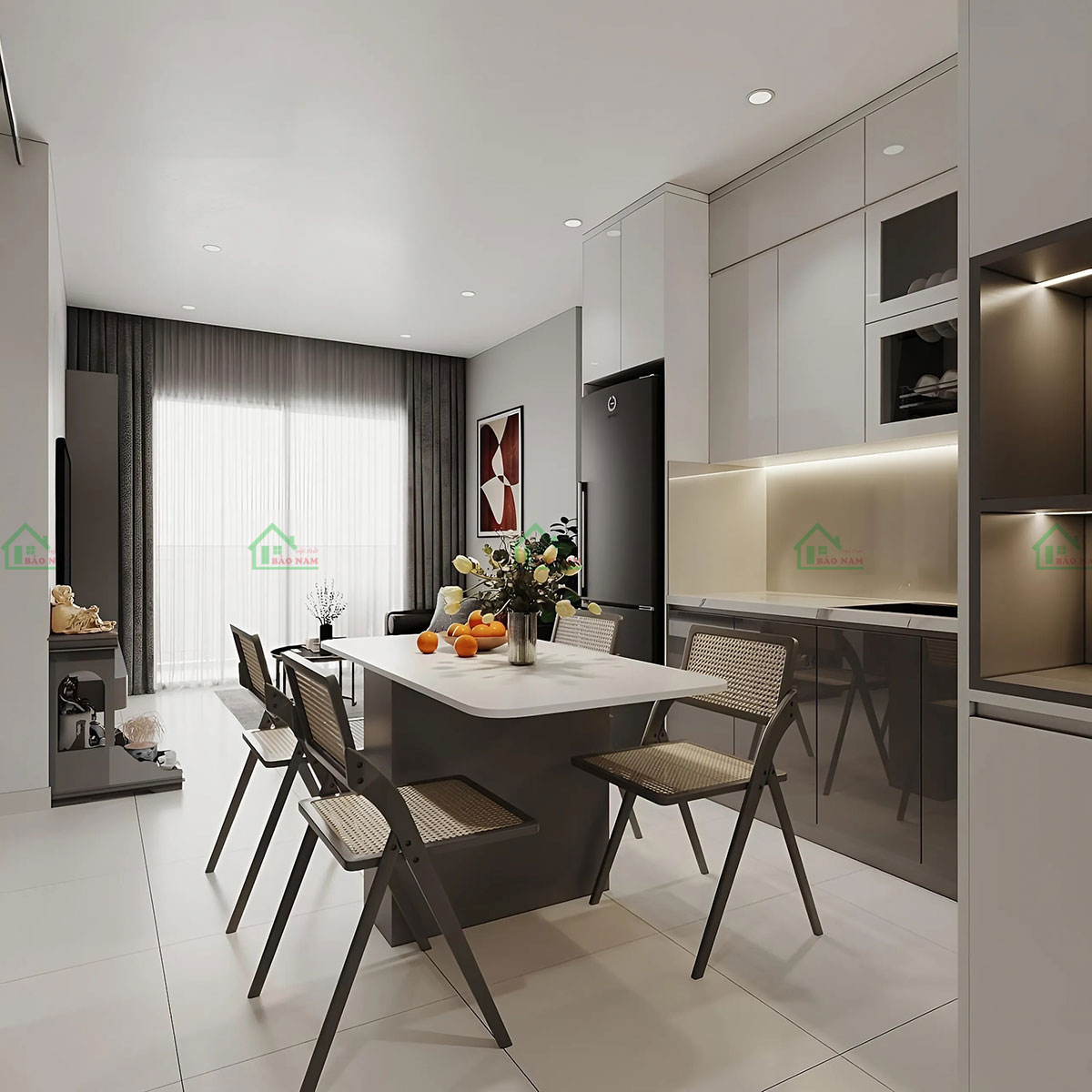 Sử dụng chất liệu Acrylic An Cường cao cấp, bóng đẹp, chống trầy xước, dễ dàng vệ sinh.