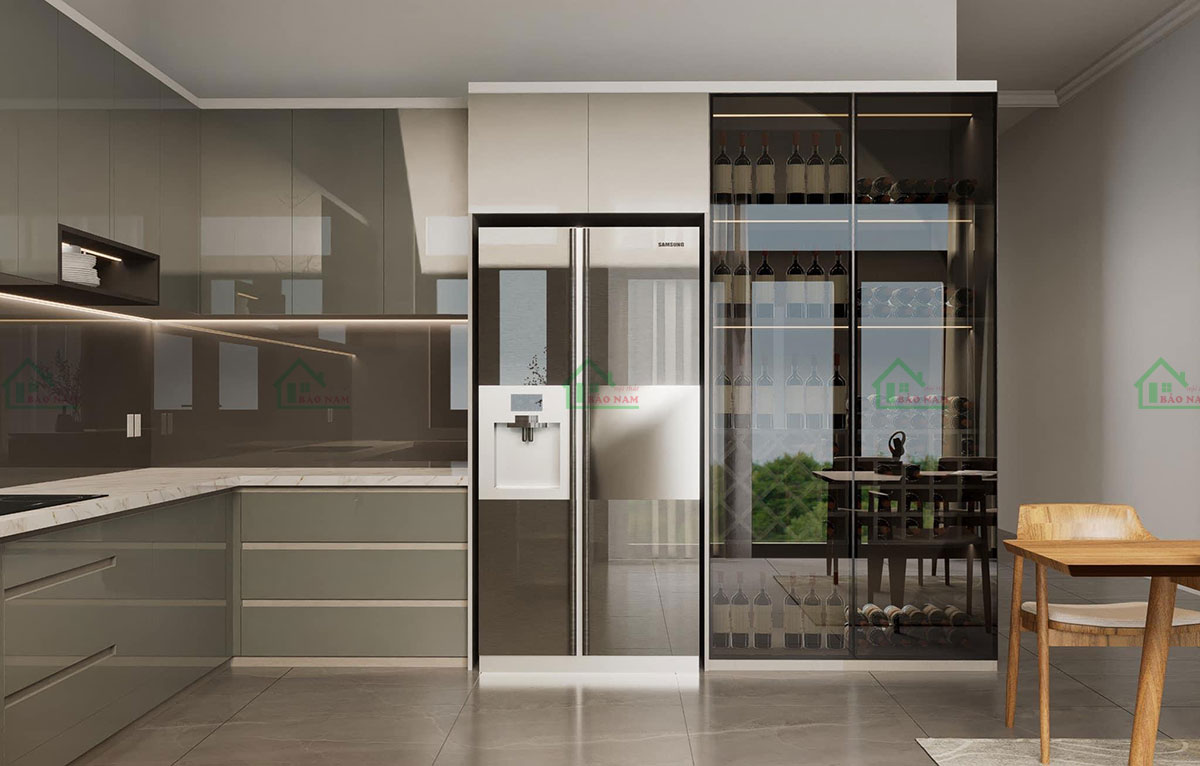 Tủ bếp được làm từ Acrylic An Cường cao cấp, chống trầy xước, chống thấm nước, dễ lau chùi, bền đẹp theo thời gian.