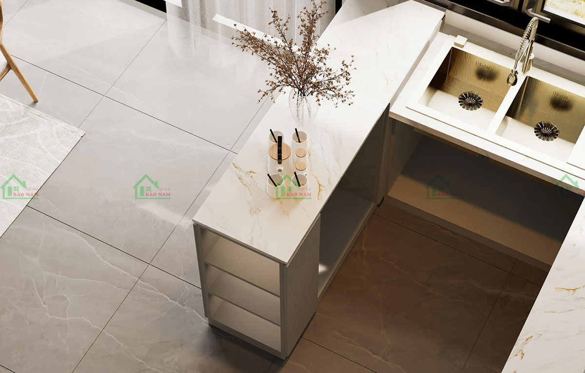 Tủ bếp Acrylic màu xám lạnh đồng bộ, tạo cảm giác hiện đại, sang trọng.