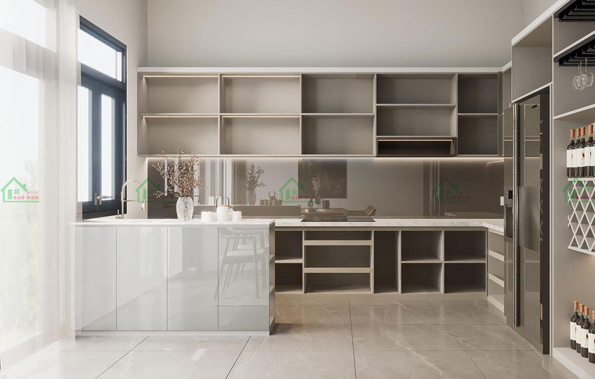 Tủ bếp có thiết kế đơn giản nhưng tinh tế, phù hợp với nhiều phong cách nội thất.
