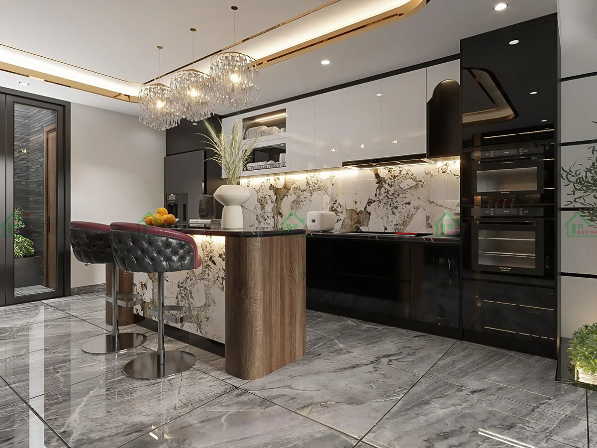 Tủ bếp acrylic An Cường TBA70 thiết kế hình chữ I hiện đại.