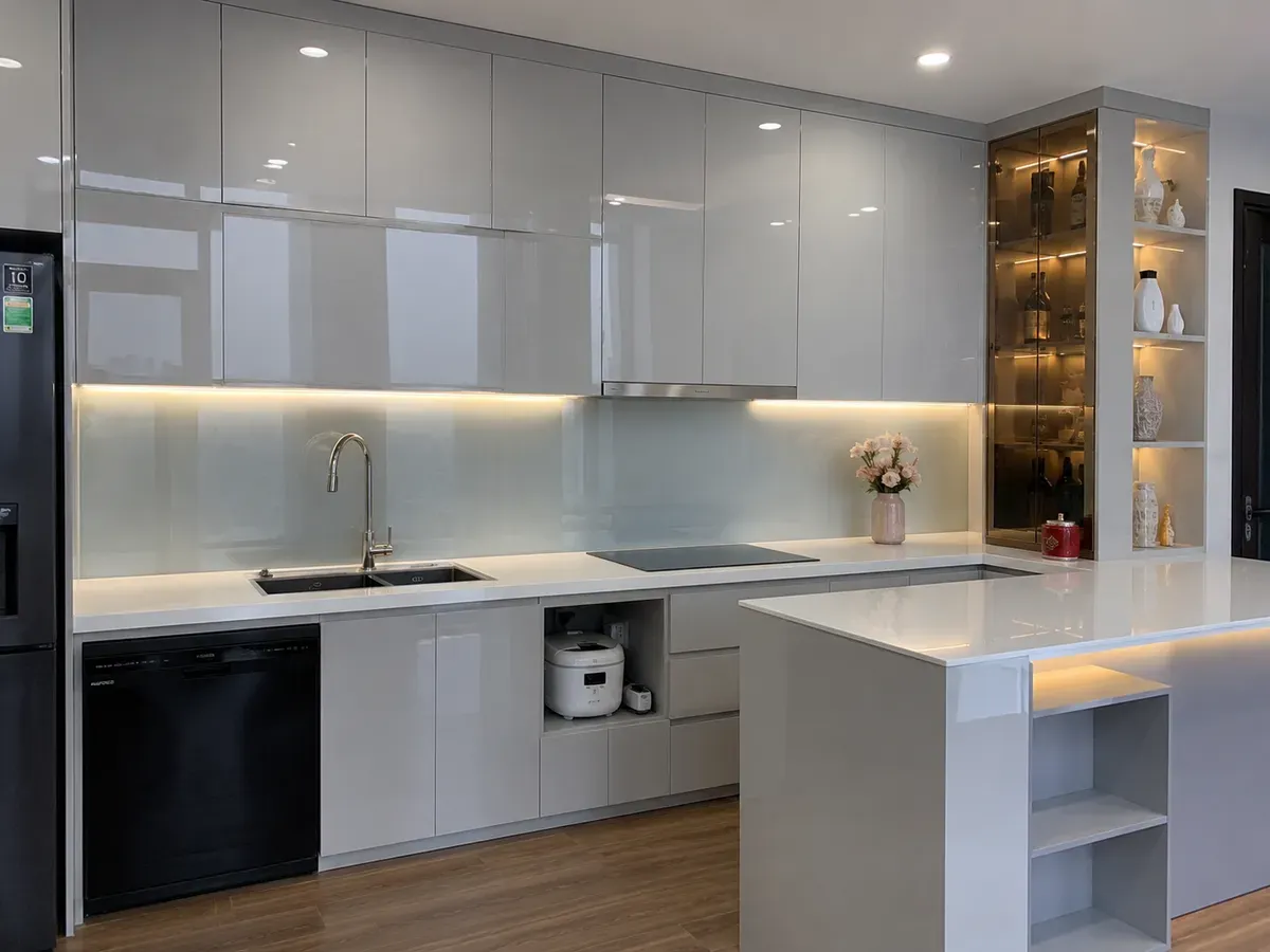Acrylic mang lại vẻ đẹp hiện đại với bề mặt bóng gương và khả năng phản chiếu ánh sáng tốt.