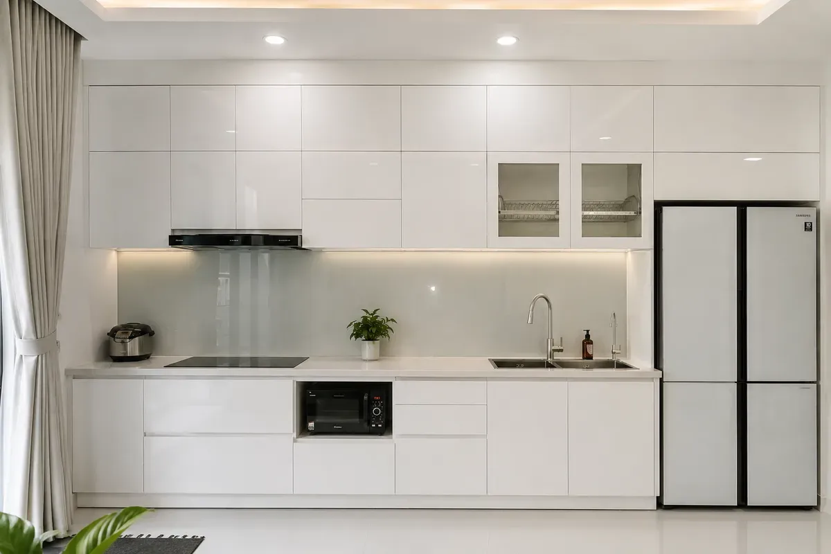 Bề mặt Acrylic bóng gương mang đến không gian bếp hiện đại và sang trọng.