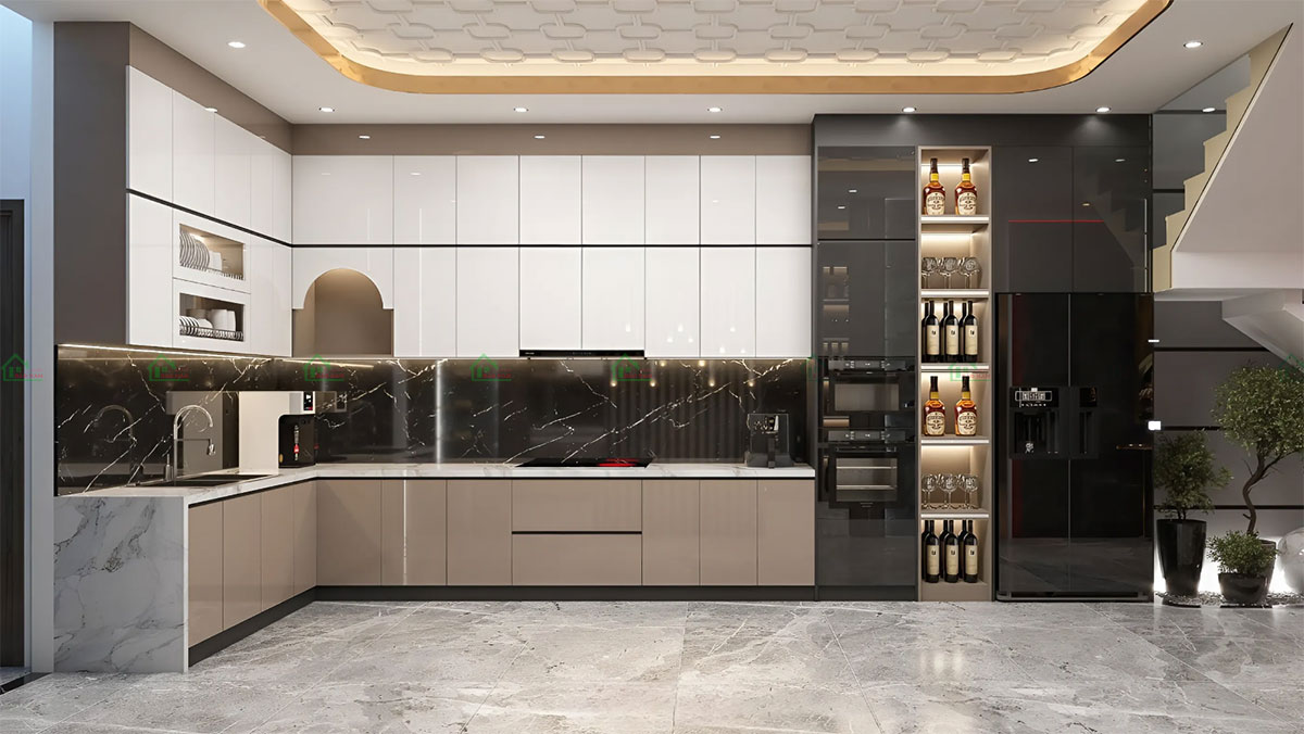 Mẫu Tủ Bếp Acrylic Bóng Gương An Cường Thiết Kế Chữ L Hiện Đại TBA61