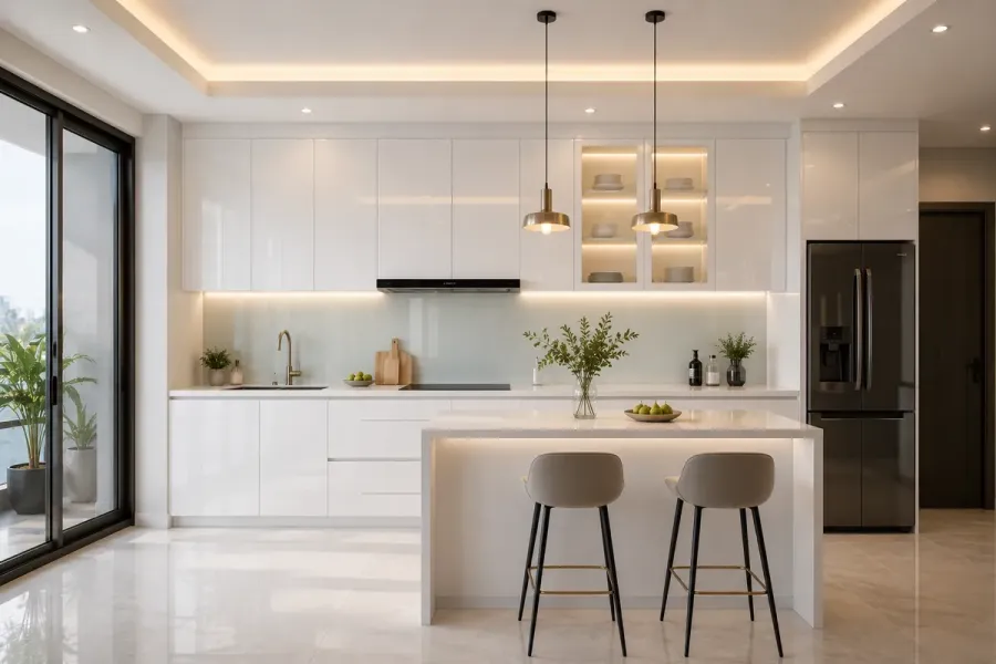 Tủ bếp Acrylic bóng gương giúp không gian bếp trở nên sáng và sang trọng hơn.