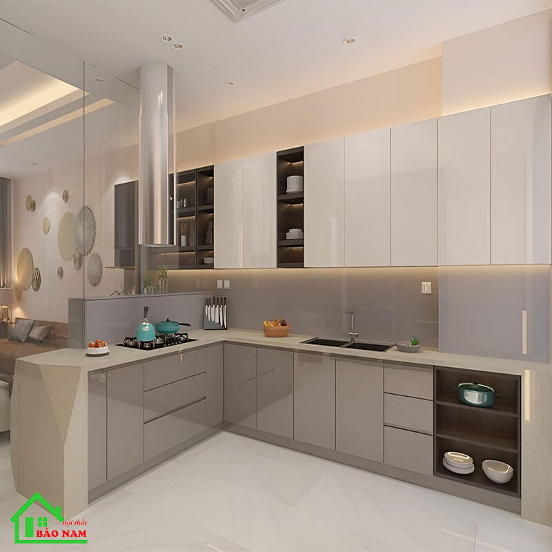 Tủ bếp acrylic bóng gương hiện đại tba06