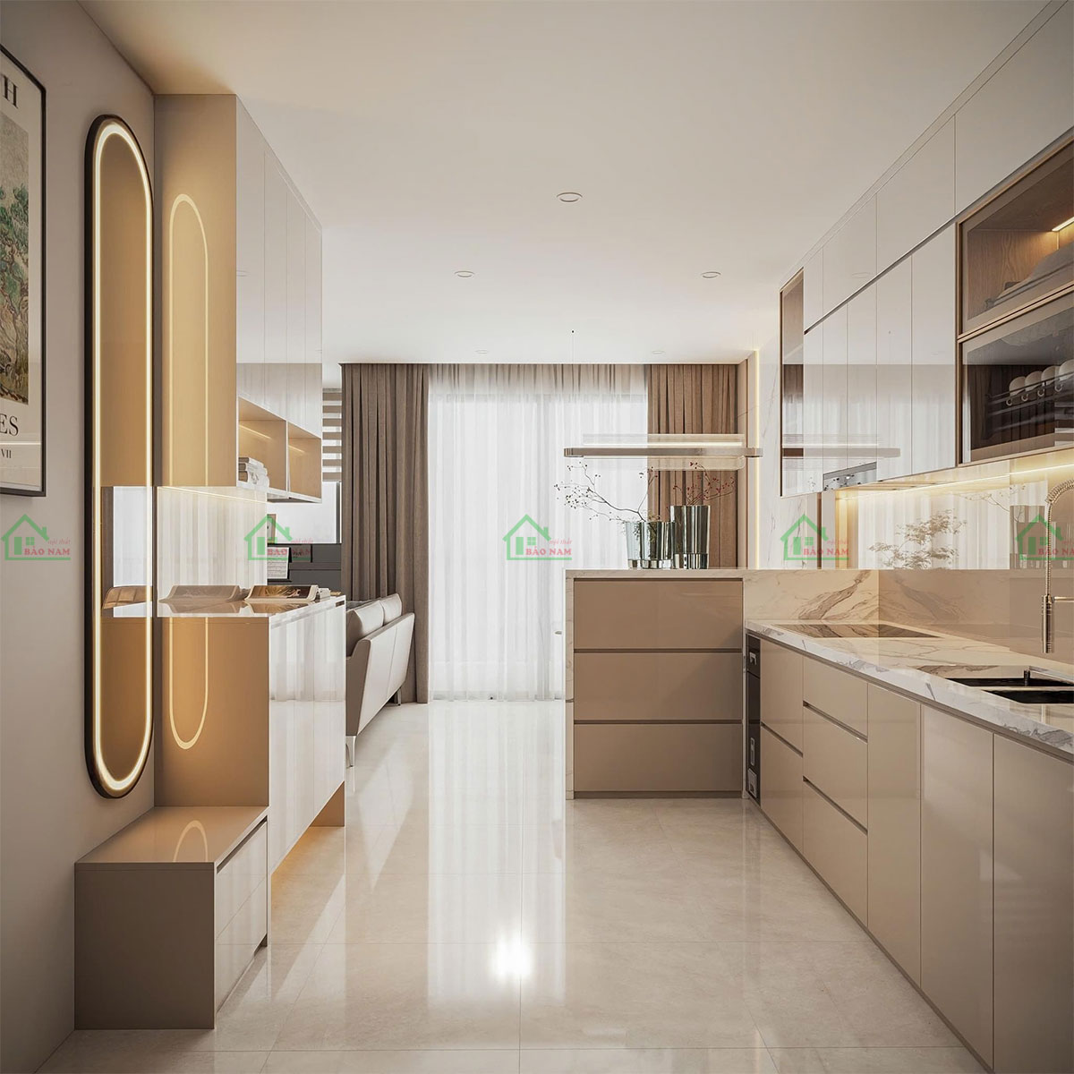 Kết hợp quầy bar ngăn giữa không gian bếp và phòng khách, mang lại sự liên kết.